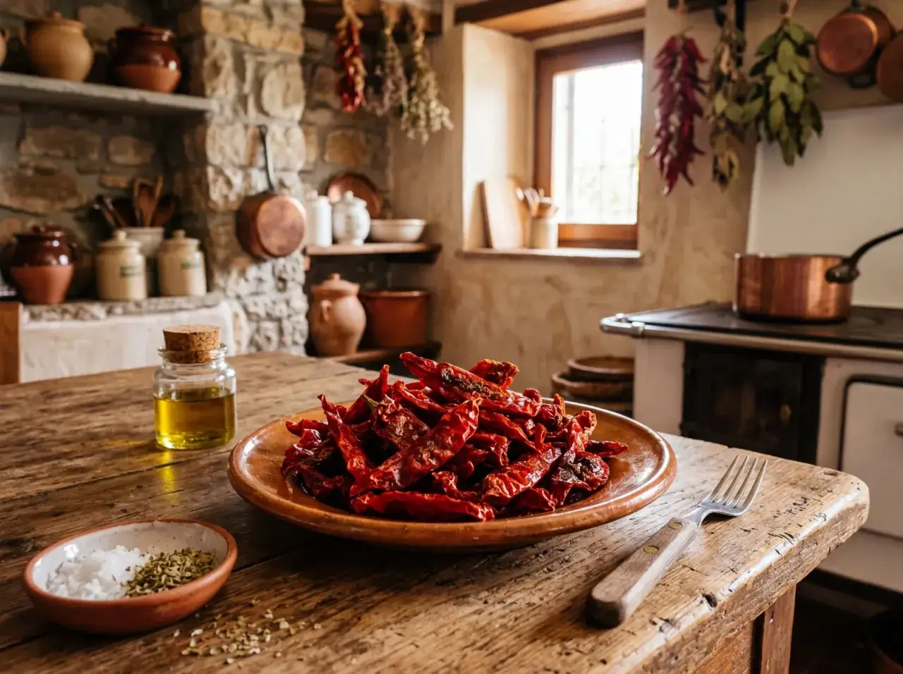 Peperoni cruschi pronti per essere usati in gustose ricette. Olio, sale e erbe aromatiche completano la scena rustica.