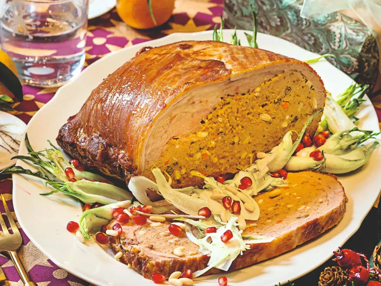 Arrosto ripieno, perfetto secondi di carne da preparare in anticipo. Gustoso e scenografico, con contorno di verdure e melograno.