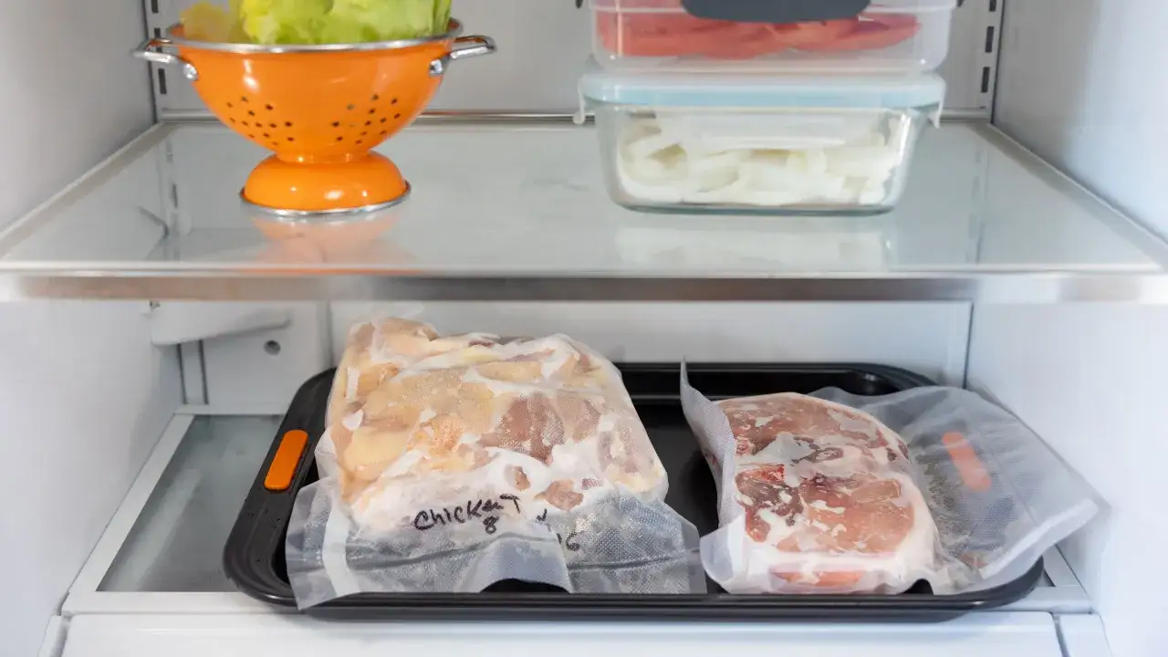 Carne sottovuoto in frigo, pronta per essere preparata. Scopri come scongelare la carne in modo sicuro e veloce.