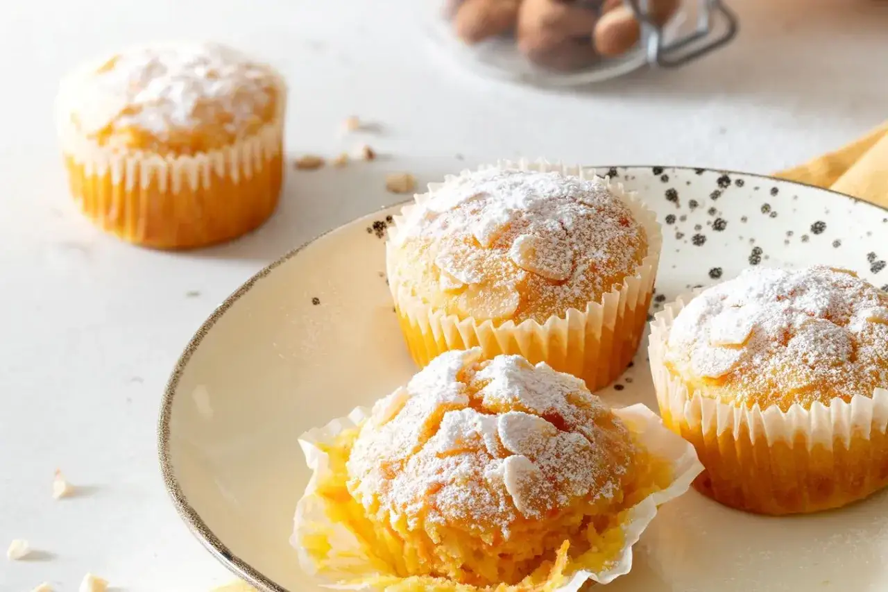 Muffin carote e yogurt spolverati di zucchero a velo e mandorle, un dolce soffice e profumato.