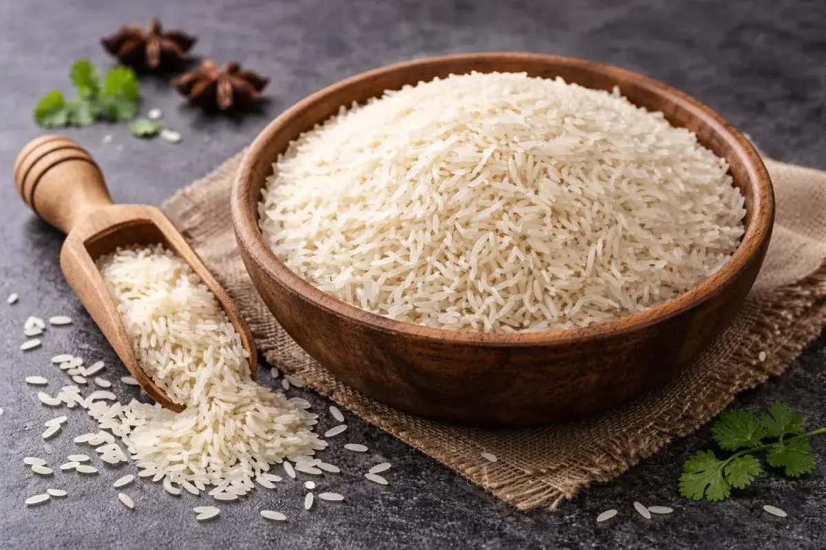 Riso basmati in ciotola di legno e paletta, pronto per scoprire come condire il riso basmati. Spezie e coriandolo sullo sfondo.