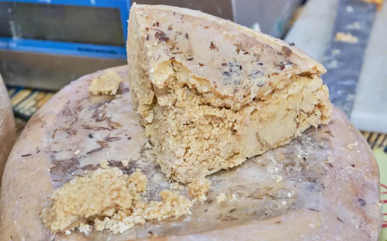 Formaggio stagionato con inclusioni scure, forse erbe o spezie, che ricordano dei vermi. La crosta è irregolare e la pasta friabile.