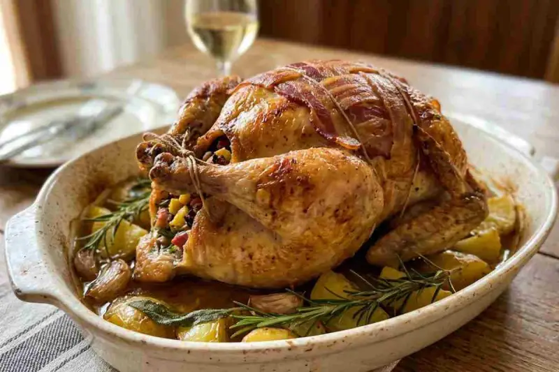 Una succulenta faraona al forno, avvolta in pancetta croccante, riposa su un letto di patate arrosto, aglio e rosmarino.